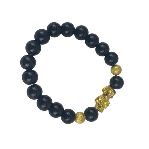Black & Gold Beaded Feng Shui Bracelet With Pixiu Charm - Picture 1 of 8